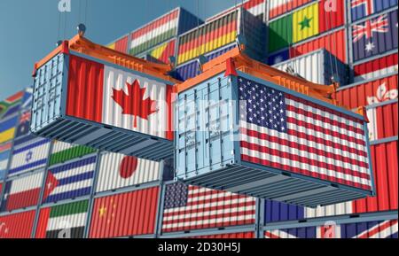 Frachtcontainer mit Nationalflagge der USA und Kanada. 3D-Rendering Stockfoto