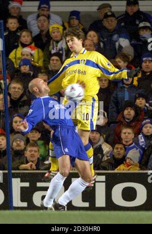 Frank Leboeuf von Chelsea und Harry Kewell von Leeds United in Aktion während ihres FA Premiership-Spiels in Stamford Bridge. Lebouef wurde später zum Stempeln auf Kewell geschickt. * Endstand: Chelsea 0 Leeds United 2. Stockfoto