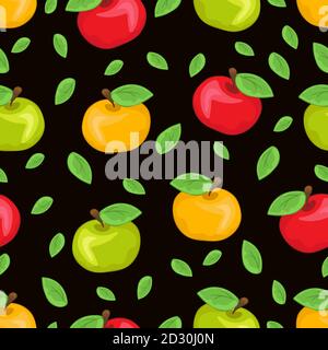 Rot, gelb und grün bemalte Äpfel und bunte Blätter, bunte saftige Früchte auf schwarzem Hintergrund. Für das Stoffdesign, helle Drucke, niedliche wa Stock Vektor