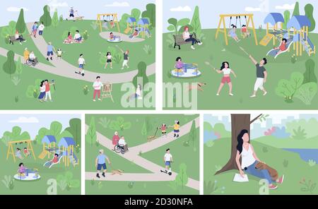Rest in Park flache Farbe Vektor Illustrationen Set. 2D-Zeichentrickfiguren genießen Open-Air-Aktivitäten, Land entspannen. Spielplätze für Kinder Stock Vektor