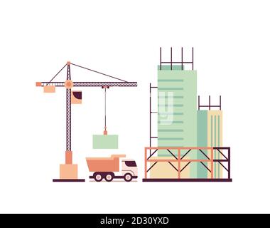 Home Building Engineering Konzept Kran und LKW arbeiten auf Bau Horizontale Vektordarstellung des Standorts Stock Vektor