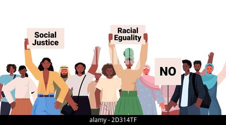 afroamerikanische Leute Aktivisten halten Anschlag rasiism Plakate Rassengleichheit Soziale Gerechtigkeit Stopp Diskriminierung Konzept Portrait horizontale Vektor Illustration Stock Vektor