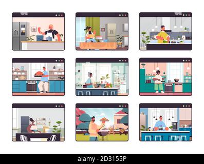 Set Mischung Rennen Menschen, die Lebensmittel zu Hause online kochen Konzept Web-Browser Fenster Sammlung moderne Küche Interieur horizontalen Vektor Abbildung Stock Vektor