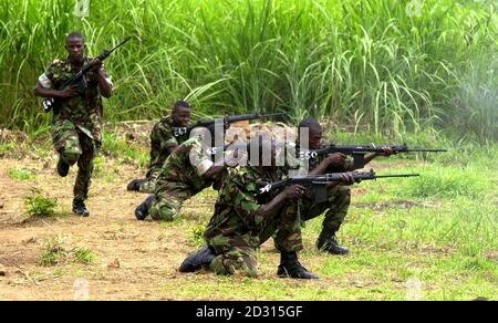 Von den britischen Truppen ab dem 1. Trainiert. Royal Irish Regiment, Seirra Leone Soldaten üben im Benguema Camp, in der Nähe von Freetown. Gespräche wurden in einem Versuch, die Freilassung einer Gruppe von Britischen Soldaten, die Geisel in der unruhigen westafrikanischen Staat gehalten zu sichern fällig. Stockfoto