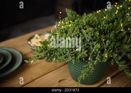 In einem grünen Weidentopf gibt es einen Weihnachtsbaum mit einer Girlande von LED-Leuchten von Lampen. Steht auf einem hölzernen Öko-Tisch. Festliches Neujahrsessen. Stockfoto