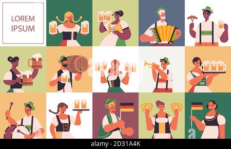Set mix Rennen Menschen feiern Oktoberfest Männer Frauen in Traditionelle Kleidung mit Spaß Porträt horizontal kopieren Raum Vektor Illustration Stock Vektor