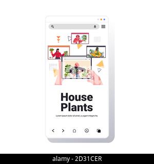Leute, die sich um Houseplants kümmern, mischen Rennen Housekeeping während der Diskussion Videoanruf in Web-Browser Windows Smartphone-Bildschirm Hochformat kopieren Vektordarstellung für den Raum Stock Vektor