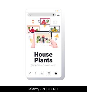 Leute, die sich um Houseplants kümmern, mischen Rennen Housekeeping während der Diskussion Videoanruf in Web-Browser Windows Smartphone-Bildschirm Hochformat kopieren Vektordarstellung für den Raum Stock Vektor