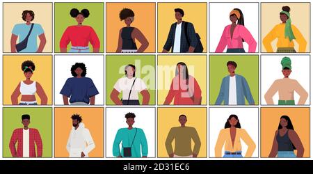 Set junge Frauen Männer in lässig trendige Kleidung afroamerikanisch Männlich weiblich Cartoon Figuren Sammlung Porträt horizontal Vektor Illustration Stock Vektor