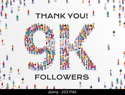 9.000 Follower. Gruppe von Geschäftsleuten sind in Form von 9000 Wort, für Web-Seite, Banner, Präsentation, Social Media, Menge von kleinen Menschen versammelt. Teamarbeit. Stock Vektor