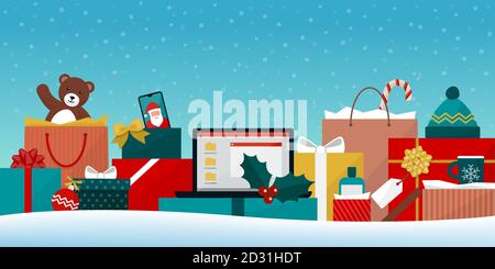 Viele Weihnachtsgeschenke und Einkaufstaschen unter dem Schnee: Promotion Weihnachtseinkäufe Stock Vektor