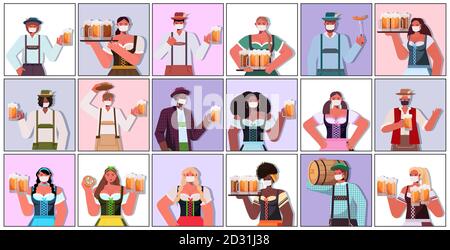 Set Mischung Rennen Menschen in medizinischen Masken halten Bierkrüge Oktoberfest Party Feier Coronavirus Quarantäne Konzept Männer Frauen in deutsch Traditionelle Kleidung Porträts Kollektion horizontale Vektor Illustration Stock Vektor