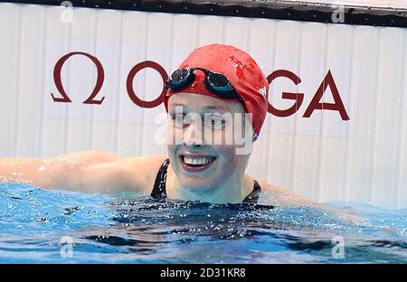 Die Großbritanniens Hannah Miley wurde am dritten Tag der Olympischen Spiele in London 2012 Zweiter im ersten Frauen-Halbfinale im 200 m Freistil im Aquatics Centre im Olympic Park, London. Stockfoto