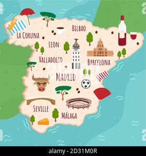 Cartoon-Karte von Spanien. Reisebilder mit spanischen Sehenswürdigkeiten, Gebäuden, Lebensmitteln und Pflanzen. Lustige Touristen Infografiken. Nationale Symbole. Berühmt Stock Vektor