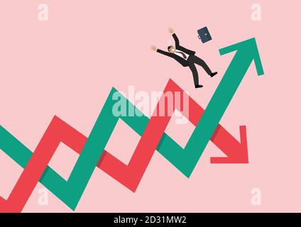 Geschäftsmann verliert sein Gleichgewicht auf der Börse Fluktuation Pfeil. Konzept „Graph up“ und „Graph down“. Vektorgrafik Stock Vektor