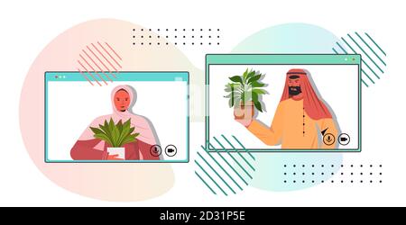 arabische Menschen, die sich um Zimmerpflanzen kümmern arabische Haushälter diskutieren während Videoanruf in Web-Browser-Fenstern Hochformat horizontale Vektor-Illustration Stock Vektor