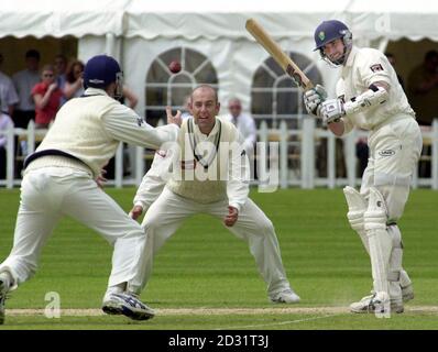 Keith Newell von Glamorgan wendet den Ball während des County Championship-Spiels gegen Glamorgan in St. Helen's, Swansea, von Darren Lehmann (Mitte) in Yorkshire ab. Stockfoto