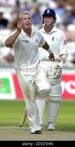 Australiens Shane Warne (links) feiert das Dickicht von Englands Mark Ramprakash, das Alec Stewart am fünften Tag des fünften npower-Tests im Oval in London beobachtet. Stockfoto