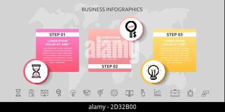 Infografiken Kreise mit 3 Schritten, Quadrate. Vektorvorlage für Diagramm, Geschäft, Web, Banner, Infograph, Zeitleiste, Inhalt, Ebenen, Diagramm Stock Vektor
