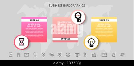 Infografiken Kreise mit 3 Schritten, Quadrate. Vektorvorlage für Diagramm, Geschäft, Web, Banner, Infograph, Zeitleiste, Inhalt, Ebenen, Diagramm Stock Vektor