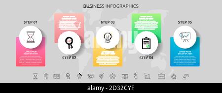 Infografiken Kreise mit 5 Schritten, Quadrate. Vektorvorlage für Diagramm, Business, Web, Banner, Workflow-Layout, Präsentationen, Infograph Stock Vektor