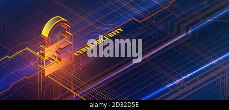 Isometrisches Internet-Konzept für digitale Sicherheitstechnologie für den Geschäftshintergrund. Verriegelung auf der Leiterplatte Stock Vektor
