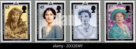 NUR ZUR REDAKTIONELLEN VERWENDUNG: Diese Briefmarken werden im April 25 von der Royal Mail herausgegeben, um dem Leben von Königin Elisabeth, der Königin Mutter, zu gedenken. Ursprünglich zur Feier ihres 90. Geburtstages herausgegeben, sind die Stempel jetzt in Schwarz gerahmt. *.... und tragen die Inschrift 'HM Queen Elizabeth die Queen Mother 1900-2002'. Der 65p-Airmail-Basisbrief zeigt sie als Lady Elizabeth Bowes-Lyon von Rita Martin (1907); der 45P-Airmail-Basisbrief zeigt sie als Herzogin von York (nach ihrer Heirat 1923) von Betram Park (1930); E - 37p Europäische Basis-Briefrate zeigt sie als Königin Consort zu König George VI von do Stockfoto