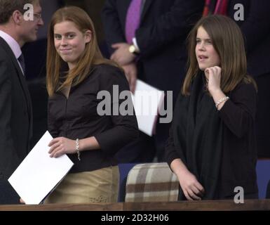 Die Töchter des Herzogs und der Herzogin von York, Prinzessinnen Beatrice (links) und Eugenie, kommen, um ihre Plätze in der Royal Box in den Gärten des Buckingham Palace zu nehmen, für das zweite Konzert zum Gedenken an das Goldene Jubiläum der britischen Königin Elizabeth II.. * etwa 12,0) 0 Karten wurden per Stimmzettel für die Partei im Palast verteilt, und Zehntausende weitere versammelten sich draußen, um die Musik zu genießen. Später züntete die Königin ein Leuchtfeuer an und beobachtete ein Feuerwerk. Am Dienstag wird sie zu einem Dankgottesdienst zu den St. Paul's reisen. Stockfoto