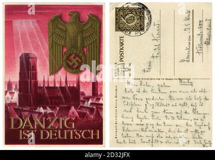 Deutsche historische Postkarte: WHW, Serie 'Annexion Danzigs an die Gebiete des 3. Reiches', Marienkirche, Deutschland, okkupiert Polen,1939 Stockfoto