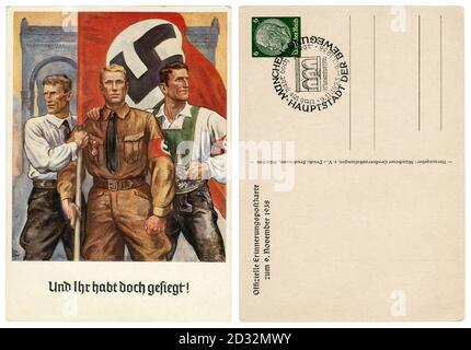 Deutsche historische Postkarte: 15. Jahrestag des Bierhallenputsches, Bewohner des Sudetenlandes, SA Fighter, Österreicher mit Hakenkreuzflagge, 1938 Stockfoto