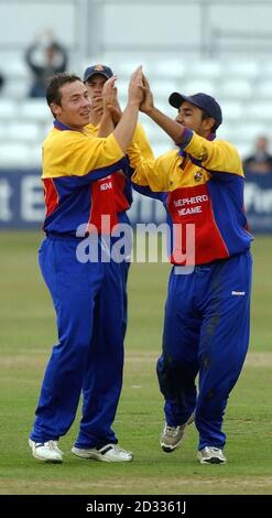 Essex Eagle's Graham Napier (links) feiert mit Mohammed Akram das Wicket von Yorkshire's Craig White, während ihres ECB Cricket League Spiels auf dem Chelmsford Cricket Ground in Essex. Stockfoto