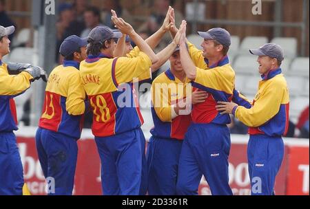 Essex Eagles feiern das Wicket von Yorkshire Phoenix Spieler Mathew Wood gefangen von John Stephenson aus der Bowling von Graham Napier, während ihrer EZB Cricket League Spiel in Chelmsford Cricket Ground in Essex. Stockfoto