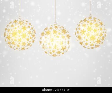 Dekorative Frohe Weihnachten Grußkarte mit Weihnachtskugeln und Schneeflocken Stockfoto