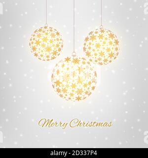 Dekorative Frohe Weihnachten Grußkarte mit Weihnachtskugeln und Schneeflocken Stockfoto