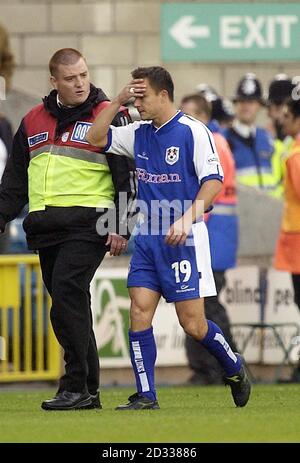 Millwall-Manager/Spieler Dennis Wise (rechts) hält den Kopf, nachdem er während des Nationwide Division One-Spiels in Den, South London, gegen Sheffield United abgesetzt wurde. DIESES BILD KANN NUR IM RAHMEN EINER REDAKTIONELLEN FUNKTION VERWENDET WERDEN. KEINE INOFFIZIELLE CLUB-WEBSITE. Stockfoto