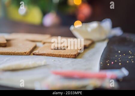 Details zu dem Lebkuchenhaus für hausgemachte closeup Stockfoto