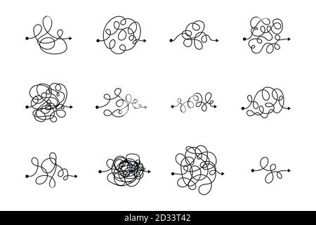 Vektor-Symbol der komplizierten Weg mit gekritzelten runden Element, Chaos-Zeichen, Pass den Weg linearen Pfeil mit Keil oder tangle Ball in der Mitte Stock Vektor