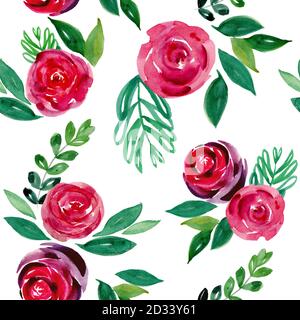 Aquarell florales Nahtloses Muster. Rote und rosa Aquarellrosen mit Blättern. Handbemalte Vintage florale Textur auf weißem Hintergrund. Runde Rosenknospen Stockfoto