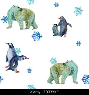 Aquarell Nahtloses Muster mit weißen Eisbären und Pinguinen. Wintertiere mit Schneeflocken. Kalte Farben. Design für Neujahrsdekor, Bezüge, Stockfoto