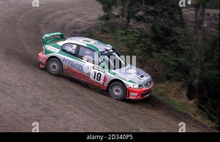 Juha Kankkunen in seinem Hyundai Accent WRC3 während der Crychan Special Stage der Network Q Rally von Großbritannien. Stockfoto