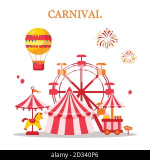 Festliche Stimmung. Karneval Titel mit bunten Elementen. Vergnügungspark, Zirkus. Stock Vektor