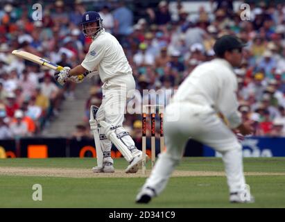 FÜR - KEINE KOMMERZIELLE NUTZUNG: Englands Marcus Trescodick kantiert den Ball an den australischen Wicketkeeper Adam Gilchrist (unseen), der für 19 Läufe entlassen wird, am ersten Tag des 5. Tests auf dem Sydney Cricket Ground, Sydney, Australien. Stockfoto