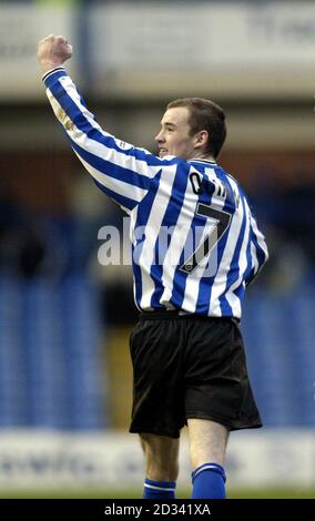 Alan Quinn von Sheffield Wednesday feiert den zweiten Torausgleich gegen Norwich City während ihres Nationwide Division One Spiels im Hillsborough Ground von Sheffield Wednesday. Sheffield Mittwoch zog 2-2 mit Norwich City. DIESES BILD KANN NUR IM RAHMEN EINER REDAKTIONELLEN FUNKTION VERWENDET WERDEN. KEINE INOFFIZIELLE CLUB-WEBSITE Stockfoto