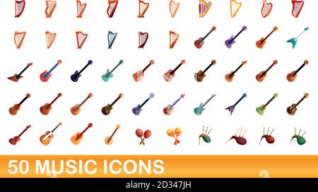 50 Musiksymbole eingestellt. Cartoon-Illustration von 50 Musik-Symbole Vektor auf weißem Hintergrund isoliert gesetzt Stock Vektor