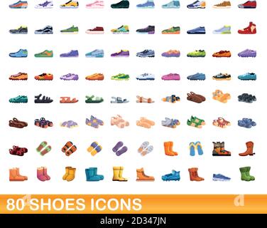 80 Schuhe Icons Set. Cartoon Illustration von 80 Schuhe Symbole Vektor-Set isoliert auf weißem Hintergrund Stock Vektor