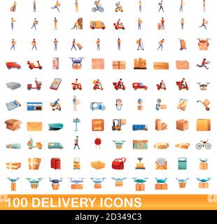 100 Liefersymbole gesetzt. Cartoon Illustration von 100 Lieferung Icons Vektor-Set isoliert auf weißem Hintergrund Stock Vektor