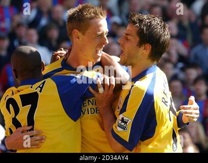 Southampton's Peter Crouch (C) feiert das Tor gegen Crystal Palace mit Jamie Redknapp (R) und Henri Camara. Stockfoto