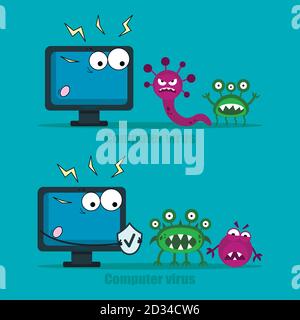 Computer Virus Internet Security Attacks. Schützen Sie Ihren Computer mit Antivirus, Virus in Angst. Vektorgrafik auf blauem Hintergrund Stock Vektor