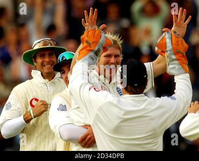 Der englische Matthew Hoggard (zweiter rechts) feiert mit Teamkollegen, nachdem er am zweiten Tag des vierten npower-Test-Spiels in Trent Bridge, Nottingham, am Freitag, 26. August 2005, den australischen Damien Martyn lbw für einen Lauf einkassiert hat. DRÜCKEN Sie VERBANDSFOTO. Bildnachweis sollte lauten: Rui Vieira/PA. Stockfoto