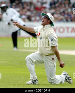 Der Engländer Andrew Strauss feiert den australischen Adam Gilchrist beim Abrutschen von Andrew Flintoff für 27 Läufe am dritten Tag des vierten npower-Test-Spiels in Trent Bridge, Nottingham, Samstag, 27. August 2005. DRÜCKEN Sie VERBANDSFOTO. Bildnachweis sollte lauten: Gareth Copley/PA. Stockfoto